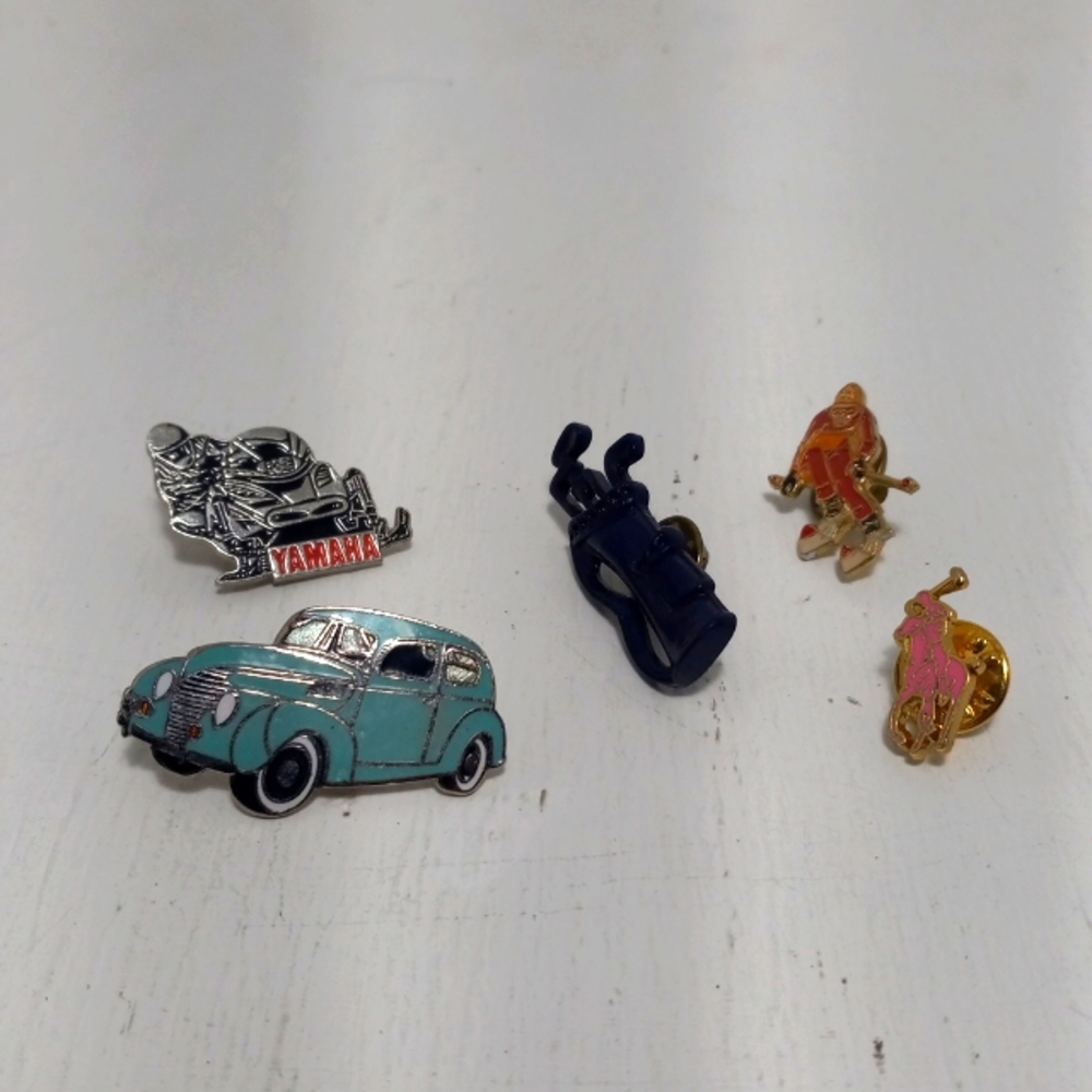 J-3 sports related hat pins lot hocky,polo,golf,snow billing,and vintage car
